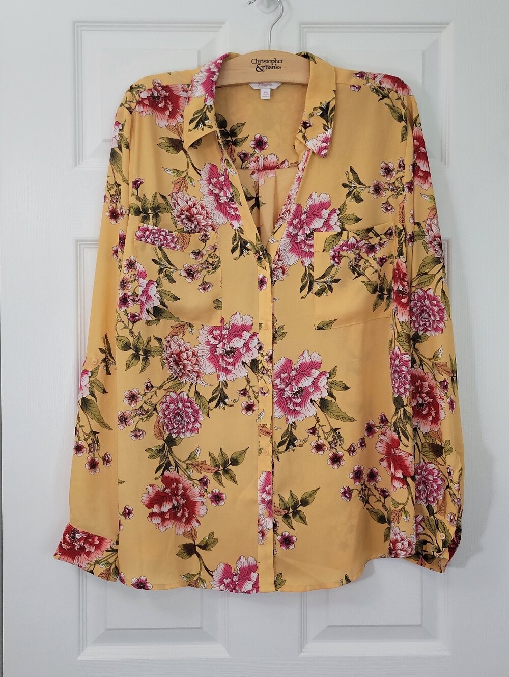 Candies Mustard Floral Print Roll Tab Sleeve Blouse Size XXL